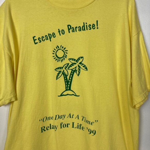 Vintage Relay For Life 99 T Shirt Mens XL Yellow Green Escape To Paradise - Picture 2 of 6